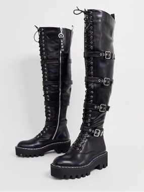 Lamoda Black Knee High Combat Boots with Buckle Straps
